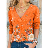 YX Women's Clothing Autumn and Winter New Fashion Women's V-neck Flower Print Long-sleeved Casual Loose T-shirt Plus