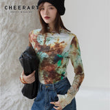 Tie Dye Abstraction Print Long Sleeve Top Women Tshirt Turtleneck Bodycon T Shrit Fall 2020 Tee Alternative