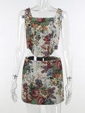 Women Two Pieces Set Square Collar Floral Print Sleeveless Irregular Hem Tank Matching Elastic Waist Casual Skirt