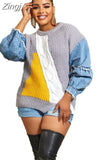 Spirng Autumn Winter Fahion Women O-Neck Knitting Denim Sweaters Sexy Split Irregular Loose Casual Pulloer Sweater