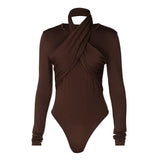 Women Autumn Winter Long Sleeve Soild Color Brown Bodycon Slim Bodysuit Romper Playsuit 2020 Fall Clothes