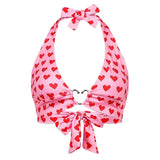 Heart Print Backless Halter Bra Corset Top Deep V Neck Sexy Sleeveless Crop Top Summer Tie Up Tank Tops Tees