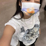 Y2k Aesthetic Graphic T Shirts Summer Puff Sleeve Pleated T-shirt Women Star Print Vintage Asymmetrical Tops Sexy