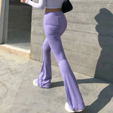 Skinny Elastic Flare Pants Women Casual High Waist Long Trousers Laides Purple Ribbed Sweatpants Summer