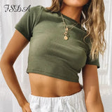 O Neck Knit White Crop Top Women Summer Casual T Shirt Basic Sexy Streetwear Ribber Black Short Sleeve