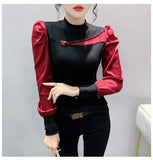 Women Full Puff Sleeve Beading Cotton T-shirts Girl Patchwork Contrast Color T Shirt Female Autumn