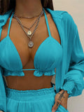 Sleeve Shirt &amp; Pocket Design Shorts Sets With Frill Hem Crop Top Set Women's Shorts and Top Sexy Outfits for Woman