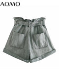 Women Vintage Blue Denim Shorts with Belt Zipper Pockets Female Retro Casual Shorts Pantalones
