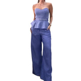 Zingj 2023 New Fashion Striped Print Chest Top Casual Pants Suit-Outfit