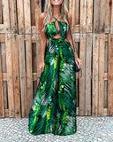 Holiday Wear Clothes Women's Sexy Palm Leaf Print Cutout Wide Leg Jumpsuit Loungewear Halter Neck Sleeveless