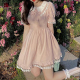 Sweet Kawaii Lace Dress Women Pink College Style Lolita Peter Pan Collar Summer Women Dress Mini Dress For Women