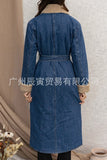 The Ins Autumn Winter Elegant Ladies Coat Lambkin Lapel Quilted Lined Lace Double Pocket Denim Trench Coat-Outfit
