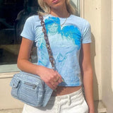 Retro Print T-shirt Short Sleeve Slim Fit Women Crop Top Y2K Aesthetic Streetwear E-girl Harajuku Clothes Summer Sweats