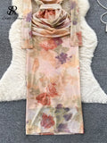 Autumn Mesh Sexy Long Dress Lady Square Neck Halter Slim Streetwear Long Sleeves Fashion Lace up Print Bodycon