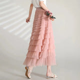 Solid Color Cake Long Skirt Mesh Puffy Women Sexy Korean Floor Length Party Skirts Loose Elastic Female Ball Gown