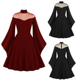 Black Women Party Dress Flare Sleeve Black Dark Red Christmas A Line Swing Sundress Autumn Winter Vintage Retro