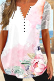 Summer Print Lace Blouse 2023 Women V-neck Loose Hollow Out Short Sleeve Shirt Buttons Long Tops Slim Mujer Ladies