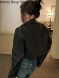 Black Cropped Leather Jacket Women Streetwear Zipper Moto Leather Jacket High Street Vintage Soft Faux Leather Coats