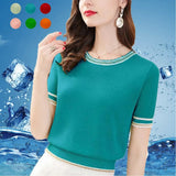 Classic Knit Crop Tops Women's Elegant Short Sleeve Thin Stylish O-neck T-shirts Korean Oversized Loose Chic Knitwear