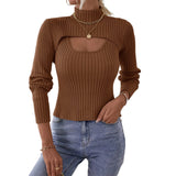 Women's Spring Autumn Outfit Sets Solid Color High Neck Long Sleeve Short Knitwear Ribbed Sling Vest Shirt 2pcs Knitted