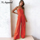 Women Outfits Summer Solid Orange Halter Neck Off Shoulder Jumpsuits Romper Sexy Cotton Linen Tunics High Waist