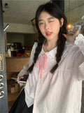 Sweet Preppy Fashion Lace Patchwork T-shirts Vintage Striped All Match Loose Tops Women Y2k Aesthetic Bow Japanese
