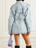 Zingj 2024 New Fashion Multi-Pocket Design Sense Waist Show Thin Long Work Style Denim Coat