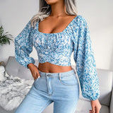 Women T-Shirt Print Color Lantern Sleeve Sexy Beach Style On Holiday Crop Top Chiffon Butterfly OL Female Blouse