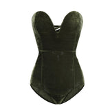 Burgundy Strapless Velvet Sexy Bodysuit Women Sweetheart Bodycon Backless Lace Up Body 2022 V Neck Party