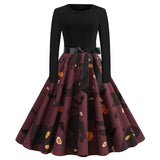 Women Pumpkin Print Party Dress Black Streetwear Gothic Long Sleeve O Neck Vintage Casual Robe Femme Halloween
