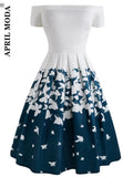 Women Butterfly Print 50s Vintage Formal Dresses Slash Neck Elegant A-Line Summer Party Casual Swing Retro Sexy
