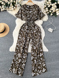 Beach Summer Floral Jumpsuits Fashion V Neck Elastic Slim Short Sleeve 2023 Streetwear Vacation Retro Long