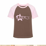 Print Vintage O Neck Women Crop Top T-shirt Y2k Aesthetic Casual All Match Slim Tshirts Harajuku Grunge Cute Tee