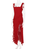 Red Ruffle Split Maxi Dress-Outfit