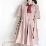 Women Bow-knot Pleated Lapel School Style Harajuku Large Size 2XL Cute Girls Newest Midi Dresses Daily Soft Popular