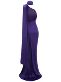 Purple Satin Halter Neck 3D Flower Design Backless Maxi Dress- Outfit