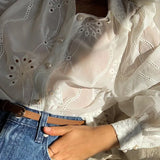 Fashion Crochet Lace Shirts Long Puff Sleeve Casual Flower Embroidery Buttons Down Blouse Tops Office