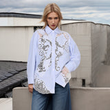 Zingj Spring New Fashion Temperament Lapel Lace Hollow Splicing Design Sense Loose Show Thin Long-Sleeved Shirt