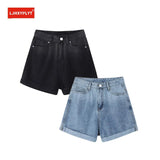 High Waist Button Wide Leg Black Jeans Shorts New Summer Casual Gradient All-match Fold Loose Fit Blue Denim Shorts