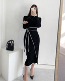 Dress With Belt Vintage Patchwork Slim Knitted Midi Dresses Women Autumn Winter Elegant Sweater Knit Dress 2021