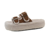 Zingj Autumn And Winter Large Size Double Buckle Platform Slippers With Velvet And Thick Lamb Wool Slippers Warm Shoes-Outfit