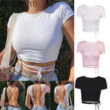 Backless White T Shirt Crop Top Women Y2k Aesthetic Clothes Korean Fashion Kawaii Short Sleeve Tshirts Sexy Summer