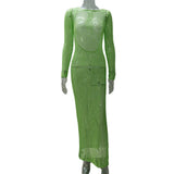 Spring Summer New Women's Clothing Sexy Hollow Perspective Holiday Solid Color Bare Back Knitted Long Dress