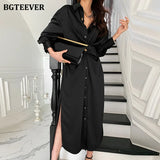 Summer Turn-down Collar Women Midi Dress Full Sleeve Single-breasted Female Shirt Dress Ladies Side Split Solid