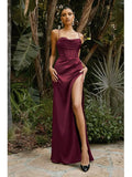 Summer Prom Dress Women'S Sling Sleeveless Solid Color Dress One Word Neck Slim Fit Open Back Slit Red Sexy