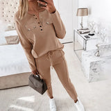 Spring V Neck Buttoned Pocket Loose Long Sleeve Sweatshirts Women Training suit Drawstring Fitness Pants Set