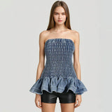 Hot Girl Wind 2025 Autumn New Wipe Breast Elastic Design Slim Denim Flounce Short