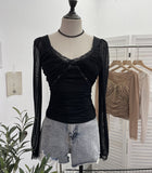 Pure-Want Wind Belt Chest Mat Lace Splicing Mesh Yarn Long-Sleeved T-Shirt Short Slim Top