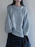 Neck Metallic Shinny Pullover For Women Vintage Loose Long Sleeve Warm Sweater 2023 Autumn Female Fashion Street