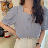 Women Square Collar Puff Sleeve Button Korean Style Elegant Chiffon Trendy Female Top Blusas All-match Summer Popular